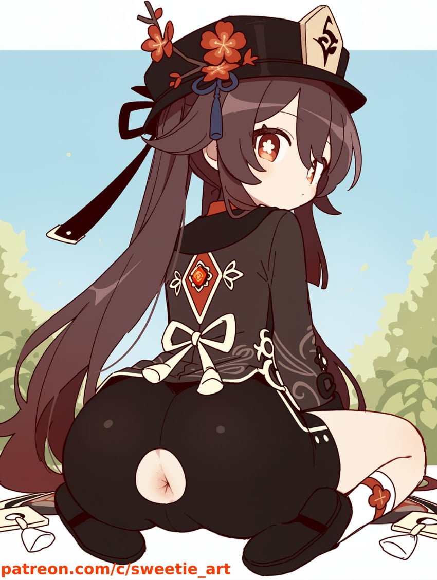 ai_generated anus ass ass_cutout bike_shorts brown_hair female flower flower_in_hat from_behind genshin_impact hat hu_tao_(genshin_impact) legs looking_at_viewer looking_back patreon_username red_eyes solo sweetie_art white_skin