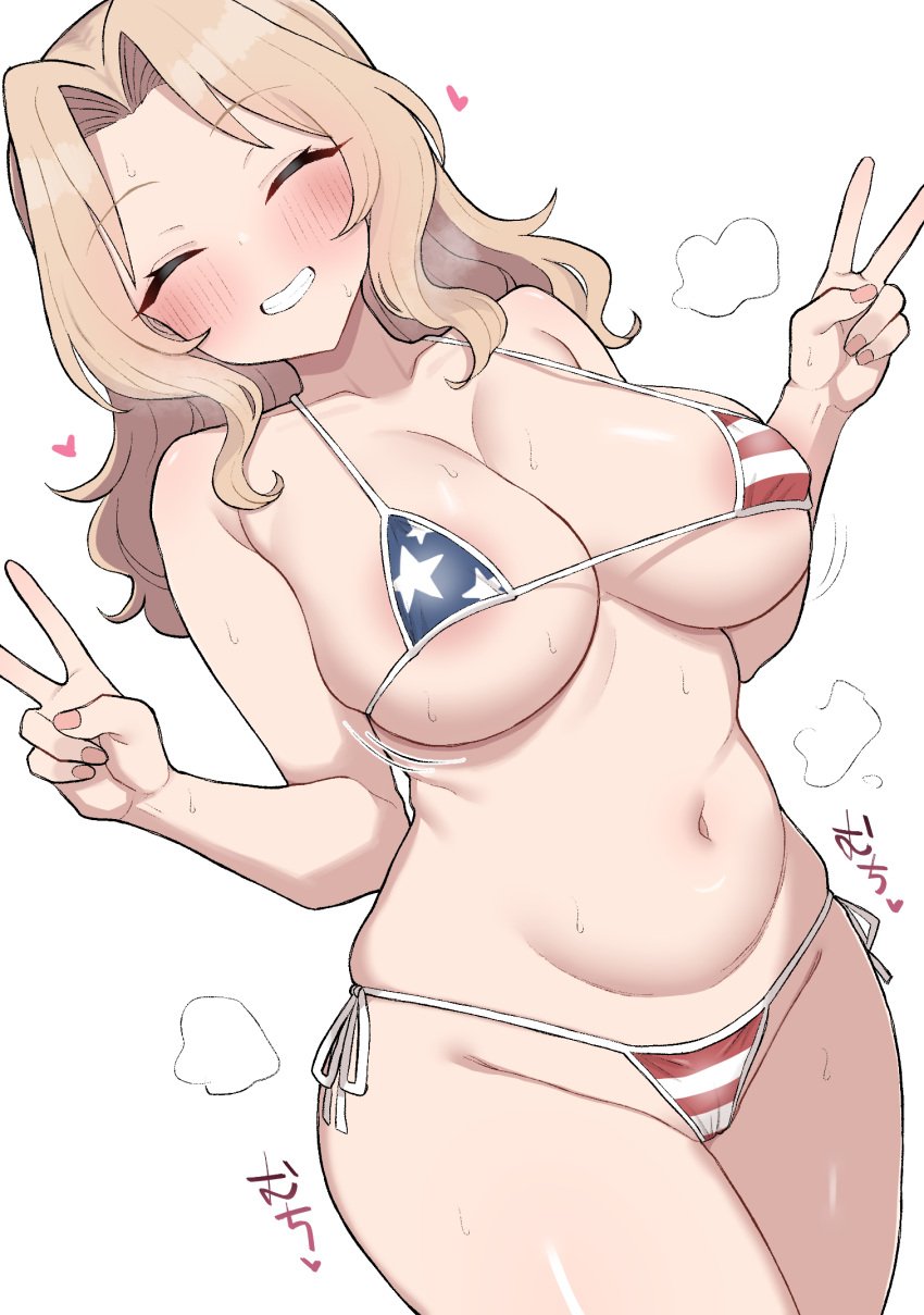 american_flag american_flag_bikini american_flag_print areola_slip bikini blonde_hair blush breasts closed_eyes curvy double_v female flag_print girls_und_panzer grin groin hands_up highres kay_(girls_und_panzer) large_breasts long_hair micro_bikini navel plump print_bikini simple_background smile solo stomach sweat swimsuit tokidesuyo v white_background