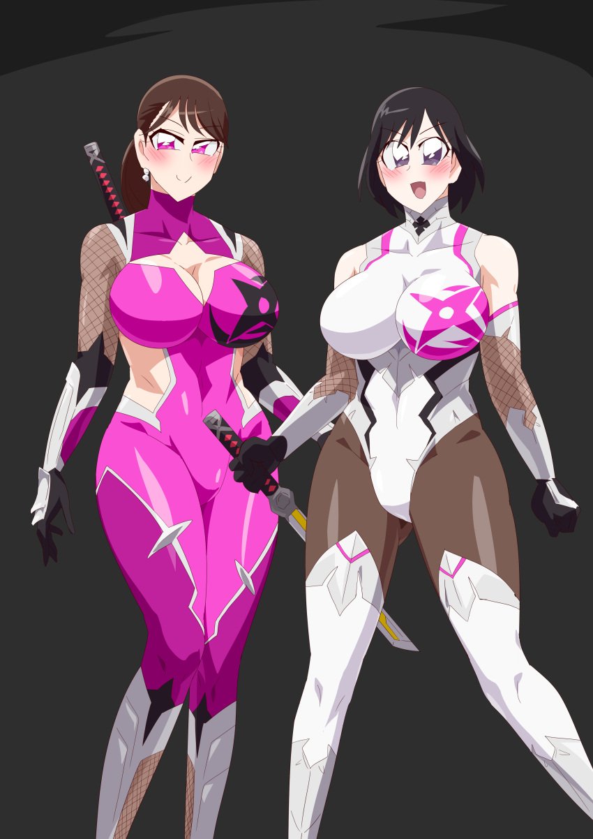 2girls alluring big_breasts black_hair bodysuit brown_hair cleavage igasaki_fuuka momochi_kasumi no_headwear otokam1117 pink_eyes purple_eyes shuriken_sentai_ninninger super_sentai