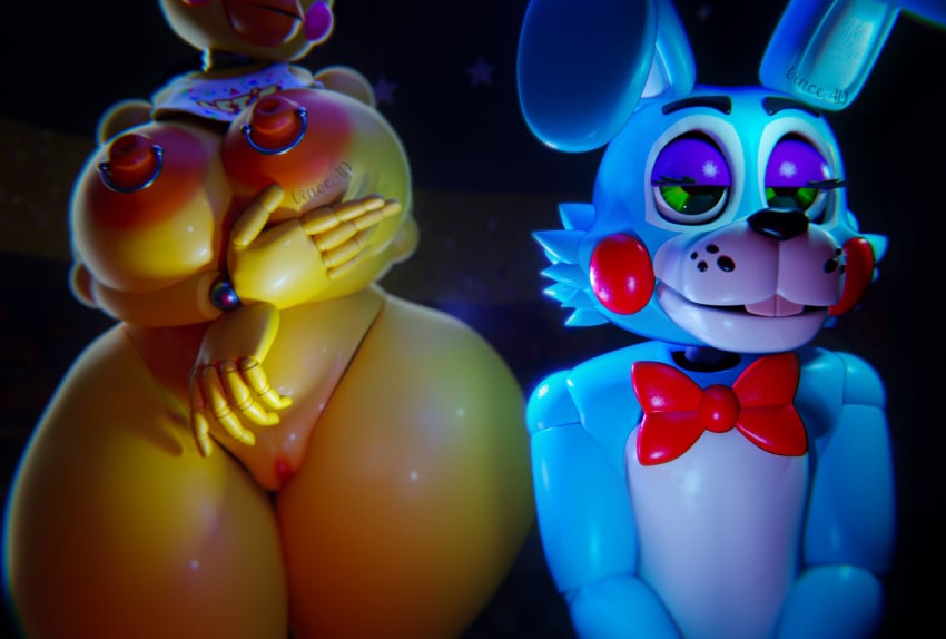 3d_(artwork) animatronic anthro areola avian big_areola big_breasts bird blender_(artwork) bow_tie breasts buckteeth chicken chromatic_aberration curvy_anthro curvy_female curvy_figure digital_media_(artwork) duo female five_nights_at_freddy's five_nights_at_freddy's_2 galliform gallus_(genus) genitals half-closed_eyes hi_res huge_breasts lagomorph leporid machine male mammal narrowed_eyes nipple_piercing nipples nude nude_anthro nude_female oblivious orange_nipples orange_pussy phasianid piercing plump_labia pussy rabbit red_bow_tie robot robot_anthro runaboo_chica scottgames teeth thick_thighs toy_bonnie_(fnaf) toy_chica_(fnaf) vincead wide_hips