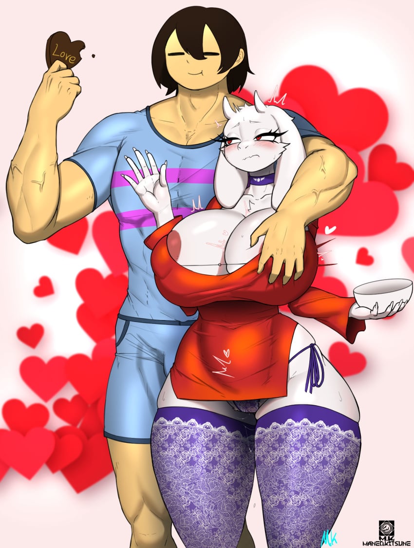 anthro areola areola_slip big_breasts biped blush bodily_fluids bovid breasts caprine clothed clothing duo eyelashes female frisk_(undertale) fur genital_fluids hand_on_breast heart_symbol hi_res huge_breasts human human_on_anthro interspecies larger_male legwear male mammal maned_kitsune mature_female muscular muscular_male panties pupils shirt side-tie_panties size_difference smaller_female thick_thighs thigh_highs topwear toriel undertale undertale_(series) underwear vaginal_fluids white_body