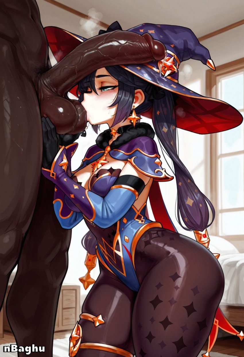 ai_generated big_ass big_balls black_hair breasts dark-skinned_male elbow_gloves fully_clothed_female genshin_impact highres huge_cock interracial large_penis leotard medium_breasts mihoyo mona_(genshin_impact) nbaghu nude nude_male pantyhose penis penis_on_face penis_on_head precum shiny_skin sucking_testicles thick_thighs twintails veiny_penis wide_hips witch_hat