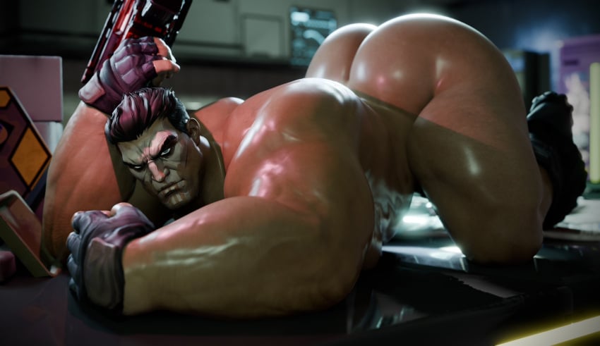 1boy 3d 3d_(artwork) angry angry_face arched_back ass bara big_ass big_butt black_hair buff dace_renders facepaint gay gloves gloves_and_boots_only grumpy holding_gun holding_object holding_weapon looking_at_viewer male male_only marvel marvel_rivals muscular muscular_male naked naked_with_shoes_on no_visible_genitalia on_knees punisher punisher_(marvel_rivals) solo solo_focus solo_male teasing the_punisher