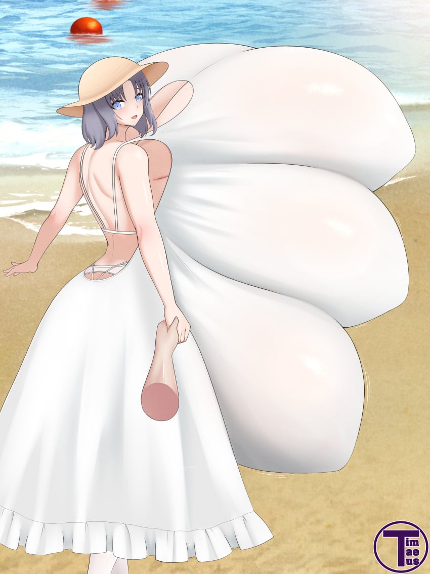 6_breasts alternate_breast_size alternate_version_available artist_name back_view beach blue_eyes blush breasts breasts_bigger_than_head breasts_bigger_than_torso clothed clothing disembodied_hand from_behind gigantic_breasts grey_hair holding_hands huge_breasts looking_at_viewer looking_back massive_breasts multi_breast ocean outdoors sand senran_kagura short_hair smile standing straw_hat sundress timaeus yumi_(senran_kagura)