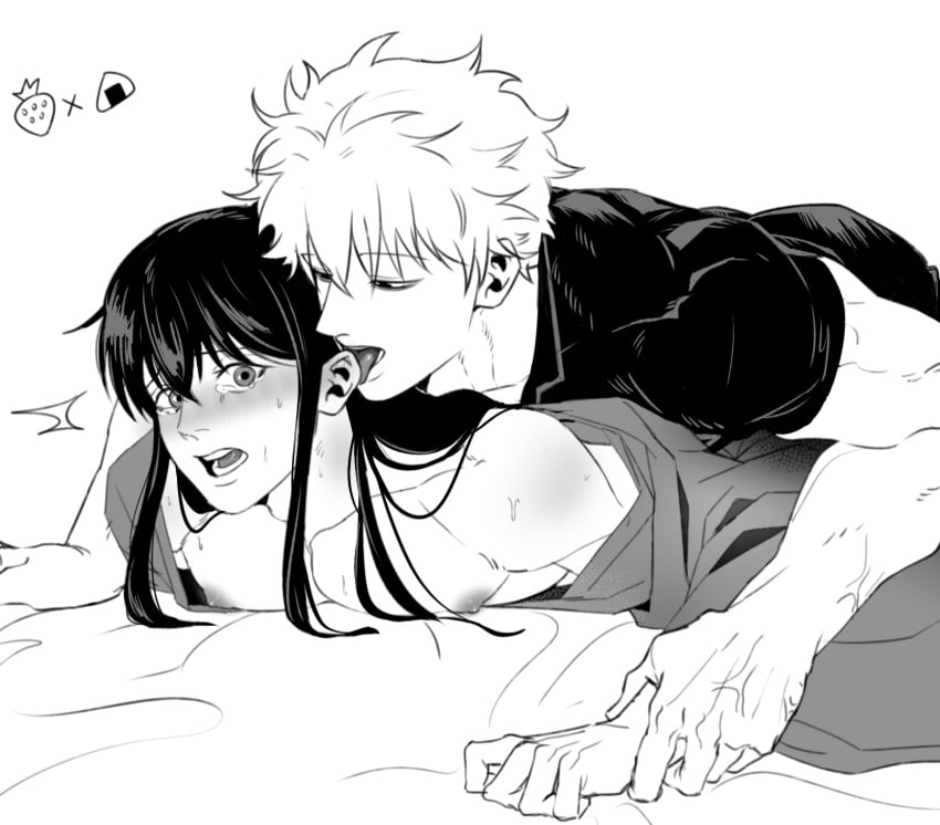 2boys 90do_insahaja blush ear_licking from_behind gay gintama gintoki_sakata implied_anal implied_sex katsura_kotarou kimono licking licking_ear long_hair long_hair_male male male_only monochrome nipples no_visible_genitalia on_stomach pinned pinned_down prone_bone sweat tears wrist_grab yaoi