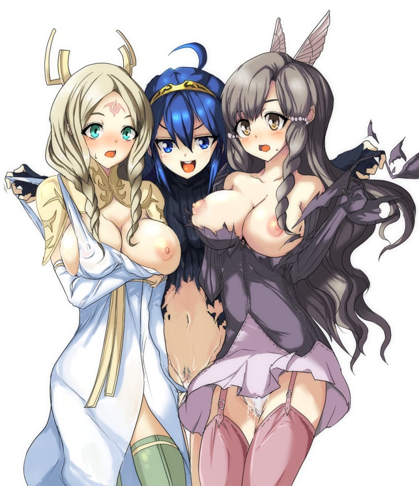 blonde_hair blue_eyes blue_hair blush breasts brown_eyes brown_hair echizen_(hvcv) emmeryn_(fire_emblem) female female_only fire_emblem fire_emblem_awakening green_eyes human lucina_(fire_emblem) multiple_females multiple_girls navel nipples panties pubic_hair pussy see-through see-through_panties sumia_(fire_emblem) sweatdrop