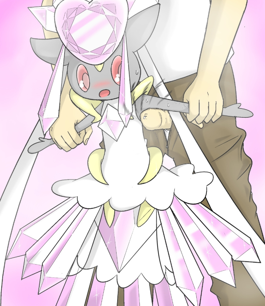 24651 armpit_sex blush clothed clothing diancie duo frottage hi_res human interspecies male mammal mega_diancie mega_evolution nintendo outercourse penis pokemon pokephilia restrained video_games