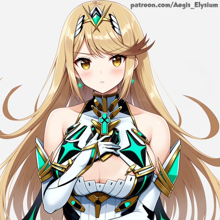 1girls aegis_elysium ai_art ai_generated blonde_hair blush blushing blushing_at_viewer breasts cleavage cleavage_cutout earrings elbow_gloves female_focus gem gloves hair_ornament headpiece huge_breasts jewelry large_breasts long_hair long_sleeves mythra mythra_(xenoblade) nintendo patreon patreon_username skindentation solo solo_focus stare staring staring_at_viewer thick_breasts tiara touching touching_breast tsundere very_long_hair xenoblade_(series) xenoblade_chronicles_(series) xenoblade_chronicles_2 yellow_eyes