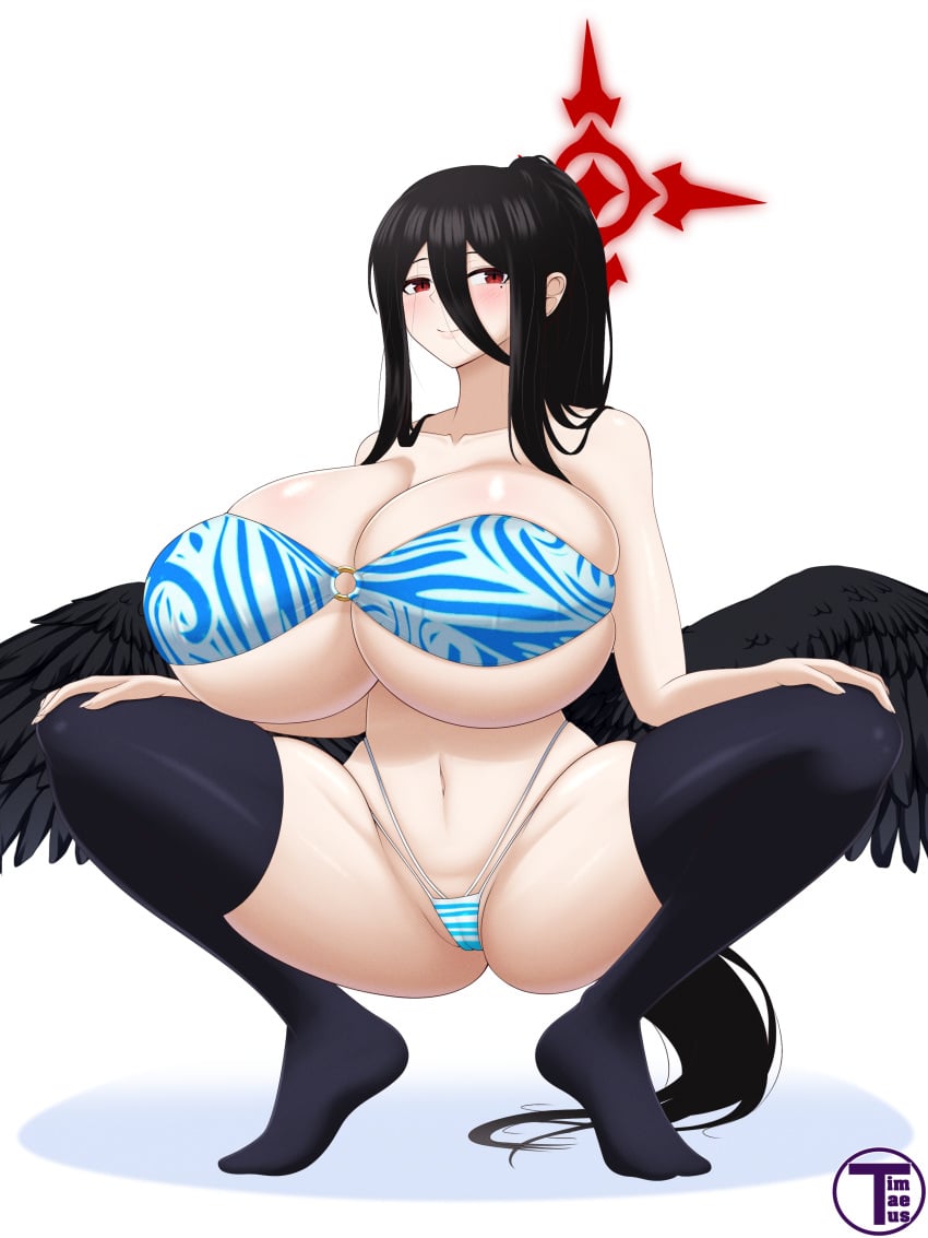 artist_name big_breasts bikini bikini_bottom bikini_top black_hair black_thighhighs blue_archive blush breasts breasts_bigger_than_head cleavage hair_between_eyes halo hands_on_knees hasumi_(blue_archive) huge_breasts large_breasts legs_apart long_hair midriff mole mole_under_eye navel o-ring o-ring_bikini red_eyes red_halo simple_background skindentation smile spread_legs squatting thick_thighs thighhighs thighs timaeus underboob white_background