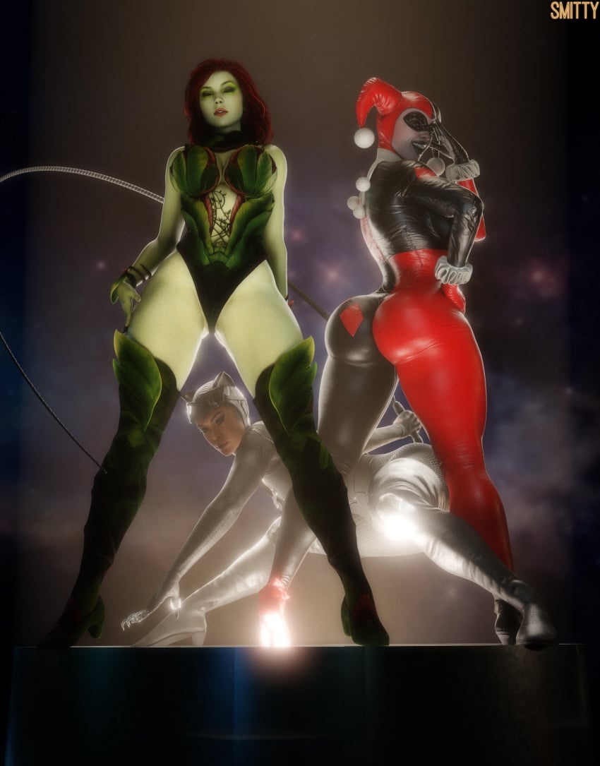 3d 3girls batman_(series) big_ass big_breasts blender catwoman clothed fully_clothed harley_quinn harley_quinn_(classic) jester jester_hat large_ass large_breasts poison_ivy smitty34 thick_thighs wide_hips