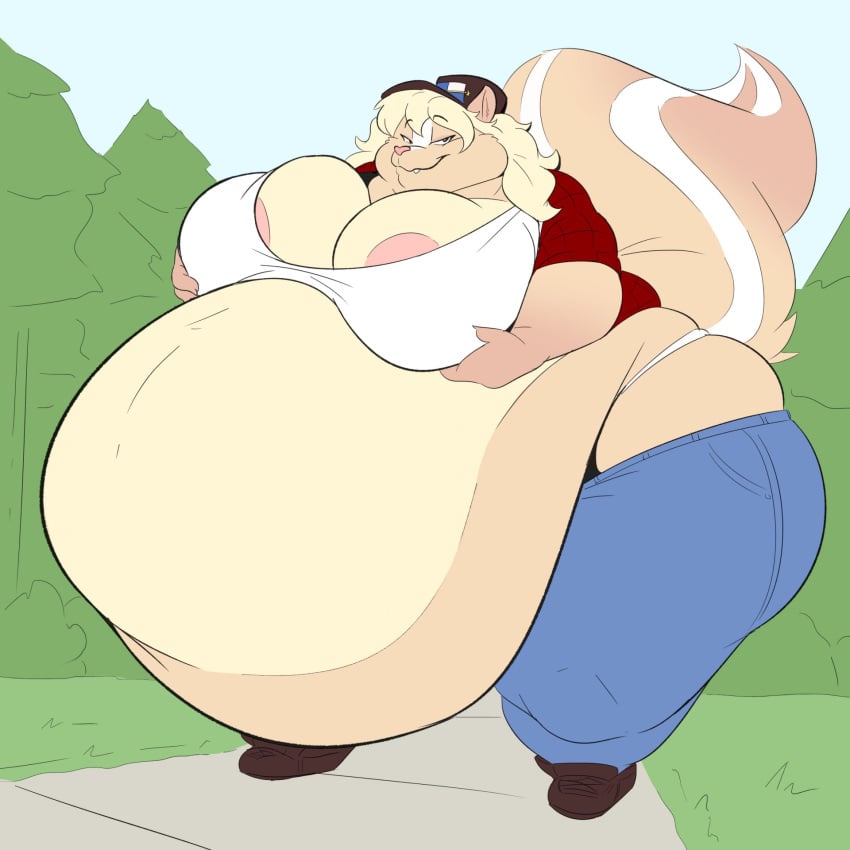 1girls anthro belly big_belly big_breasts blonde_hair breasts female female_only furry furry_only haley_(kerbuldkerbs) holding_breast huge_belly looking_at_viewer mammal nipples obese obese_female overweight overweight_female seductive skunk solo standing thehoodah thick_thighs trucker trucker_hat