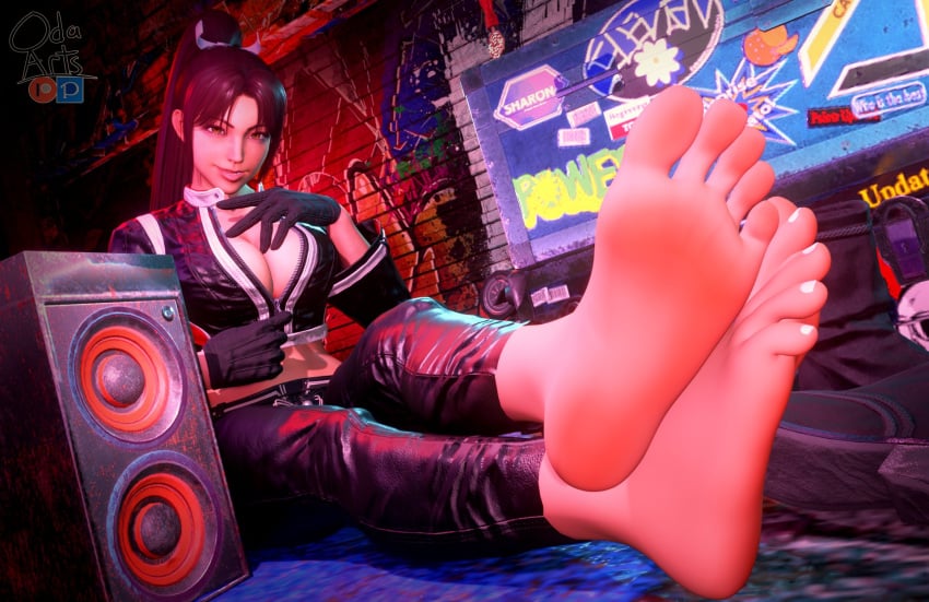 1girl 5_toes barefoot boots_removed clothed_female fatal_fury fatal_fury:_city_of_the_wolves feet female female_focus female_only high_ponytail king_of_fighters looking_at_viewer mai_shiranui oda_arts presenting_feet soles soles_female soles_fetish solo solo_female solo_focus street_fighter_6 toes unzipping