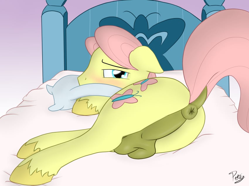 2014 anus ass back_turned balls bed bedroom bedroom_eyes blush butterscotch_(mlp) cutie_mark equine fetlocks fluttershy_(mlp) friendship_is_magic furry hair hi_res hooves horse looking_at_viewer looking_back lying male mammal my_little_pony on_side pillow pink_hair pony potes presenting presenting_hindquarters raised_tail room rule_63 solo straight_hair yellow_fur