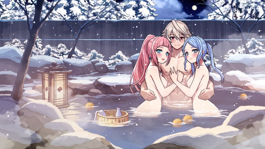 1boy 2girls absurd_res arms_around_partner arms_around_waist bath_towel blue_eyes blue_hair blush breasts clouds corrin_(fire_emblem) corrin_(fire_emblem)_(male) fangs felicia_(fire_emblem) fire_emblem fire_emblem_fates flora_(fire_emblem) hand_on_chest hot_spring lantern moon muscles naked_female naked_male night nipples onsen pink_hair ponytail red_eyes rein_creamsoda sisters smile snow snowing spiky_hair steam trees twin_sisters twintails wet_body white_hair wooden_fence