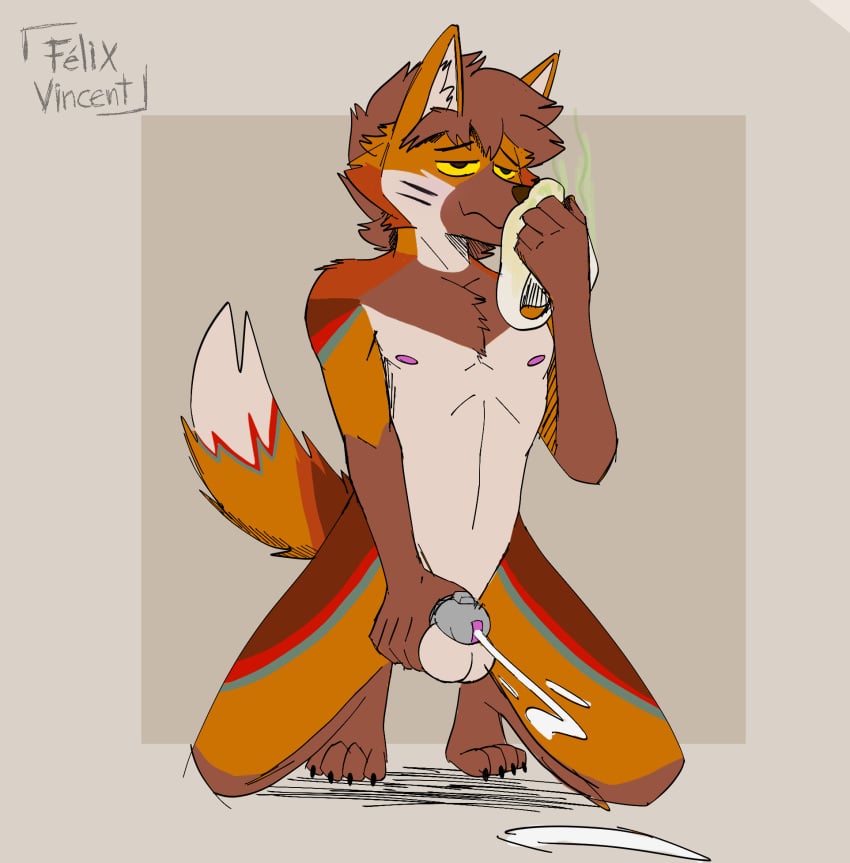 anthro bodily_fluids canid canine chastity_cage chastity_cage_only chastity_device chastity_device_only clothing cum cum_while_chaste cumshot dirty_underwear ejaculation felix_vincent genital_fluids genitals hi_res male male/male mammal maned_wolf masturbation musk musk_clouds nipples nude orange_body orgasm_face orgasm_from_sniffing penis simple_background small_penis small_penis_exposure sniffing sniffing_clothes solo underwear underwear_sniffing wearing_chastity_cage wearing_chastity_device