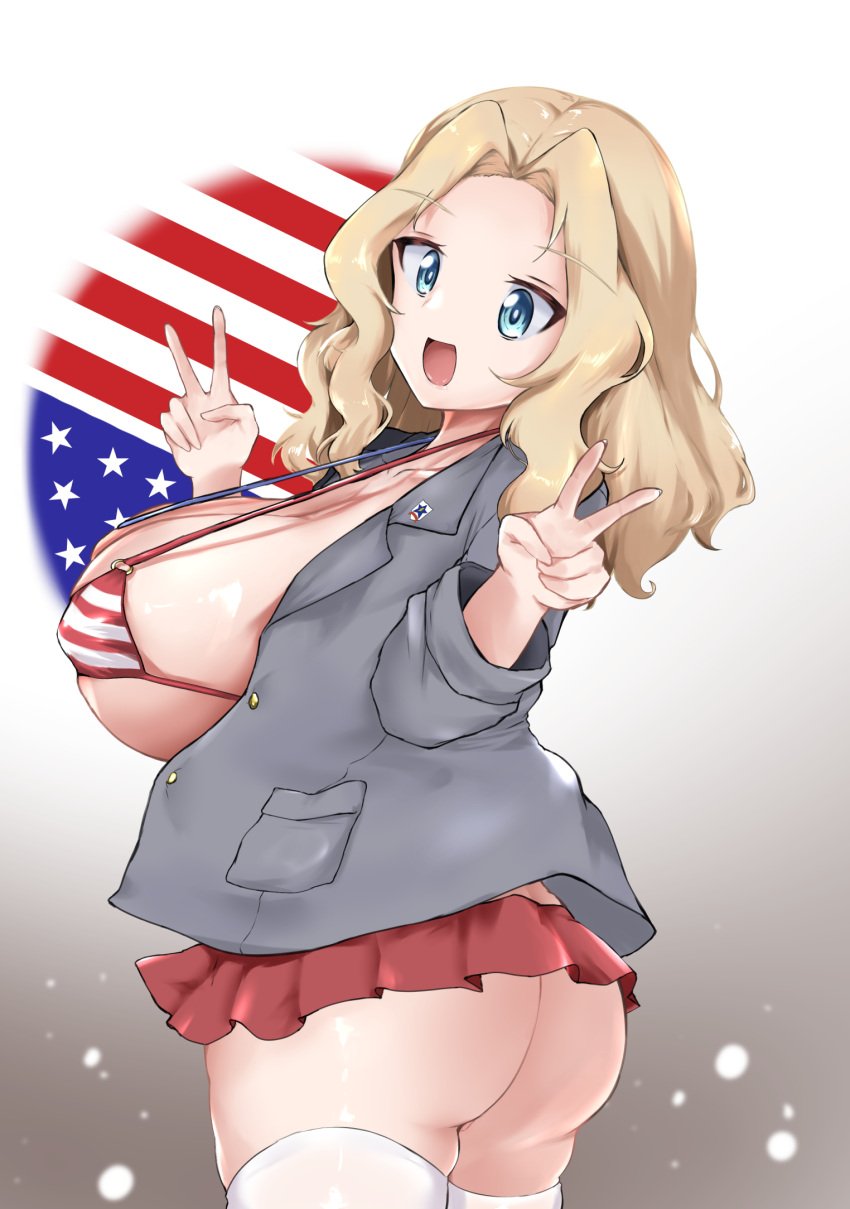 american_flag_bikini american_flag_print ass bikini blonde_hair blue_eyes breasts collarbone double_v female flag_print girls_und_panzer kay_(girls_und_panzer) large_breasts looking_at_viewer medium_hair microskirt military_uniform naopon918 no_panties open_mouth print_bikini saunders_military_uniform simple_background skirt smile solo swimsuit thighhighs v white_thighhighs