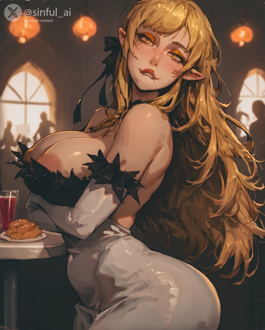 ai_generated aisinful arms_under_breasts bakemonogatari big_ass big_breasts blonde_hair breast_press breasts eyeshadow from_side hi_res huge_ass huge_breasts kiss-shot_acerola-orion_heart-under-blade large_ass large_breasts lips long_hair looking_at_viewer mommy mommy_kink monogatari_(series) naughty_face orange_eyes orange_eyeshadow oshino_shinobu public restaurant ribbon thick_lips thick_thighs wide_hips