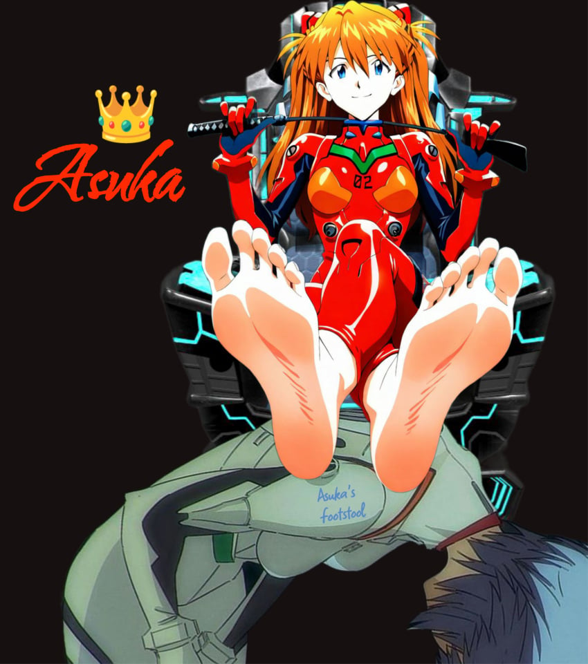 2girls all_fours asuka_langley_sohryu barefoot blue_eyes blue_hair bondage character_name crossed_ankles feet femdom foot_fetish foot_focus footstool happy human_footstool human_furniture humiliation kneeling loser neon_genesis_evangelion orange_hair pilot_suit plugsuit red_bodysuit rei_ayanami relaxing riding_crop short_hair simple_background sitting sitting_on_chair smile smiling smiling_at_viewer soles toes winner writing_on_body