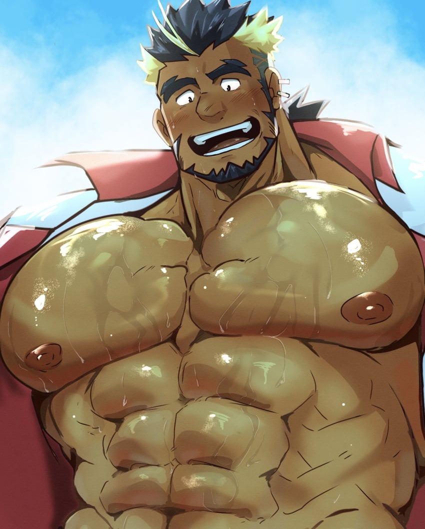 bara big_pecs blush facial_hair kaeru333938123 kiloc_(live_a_hero) live-a-hero male male_only muscles muscular solo solo_male sweat sweating