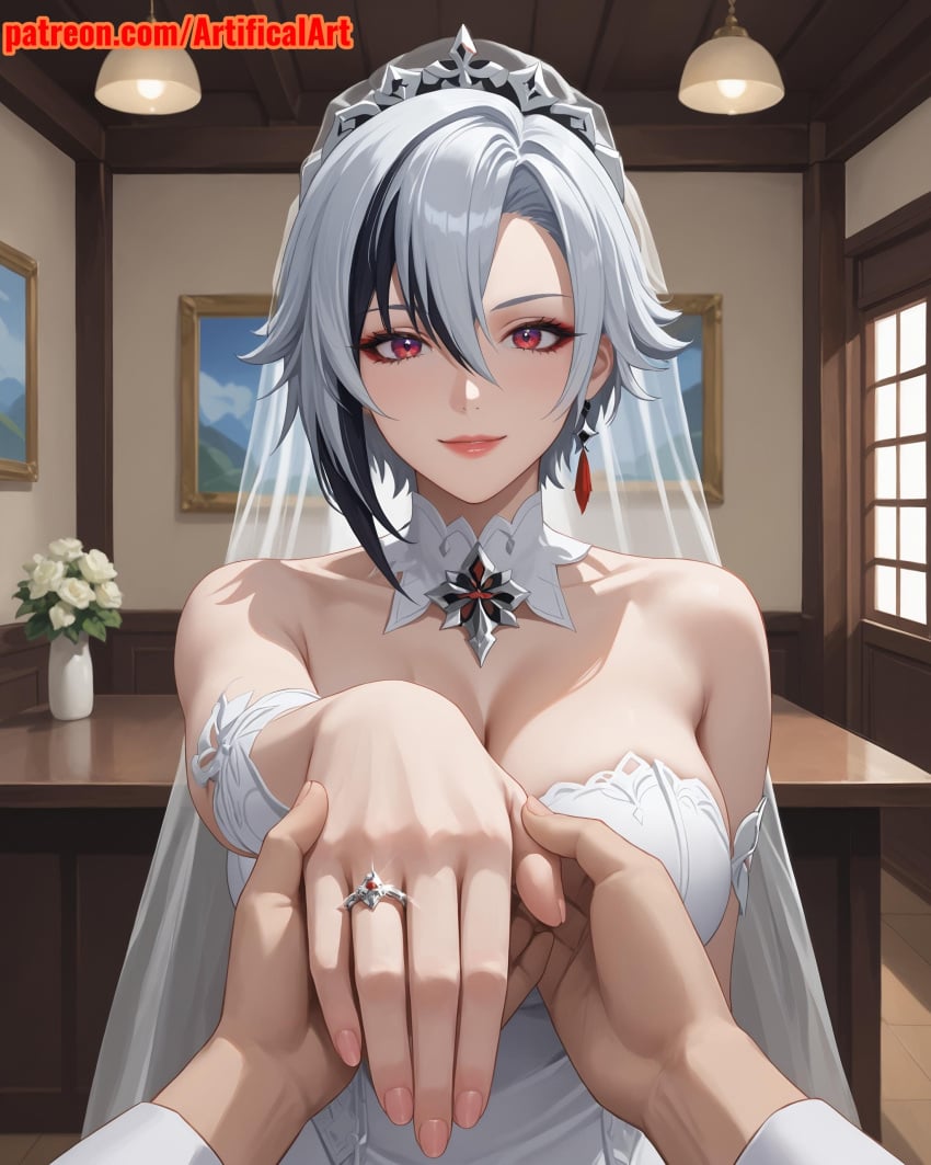 1girls ai_generated arlecchino_(genshin_impact) artifical_art bride curvaceous_female curvaceous_figure genshin_impact light-skin light-skinned_female mature mature_female mature_woman multicolored_hair pale-skin pale-skinned_female red_eyes short_hair silver_hair two-tone_hair