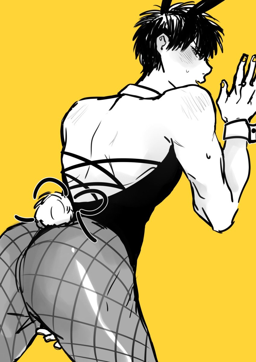 alternate_costume ass big_ass blush bunny_ears bunny_tail bunnysuit crossdressing embarrassed fishnet_legwear fishnets gintama hijikata_toshiro looking_at_viewer looking_back male male_only male_playboy_bunny monochrome pantyhose sweatdrop tora_sukida yellow_background