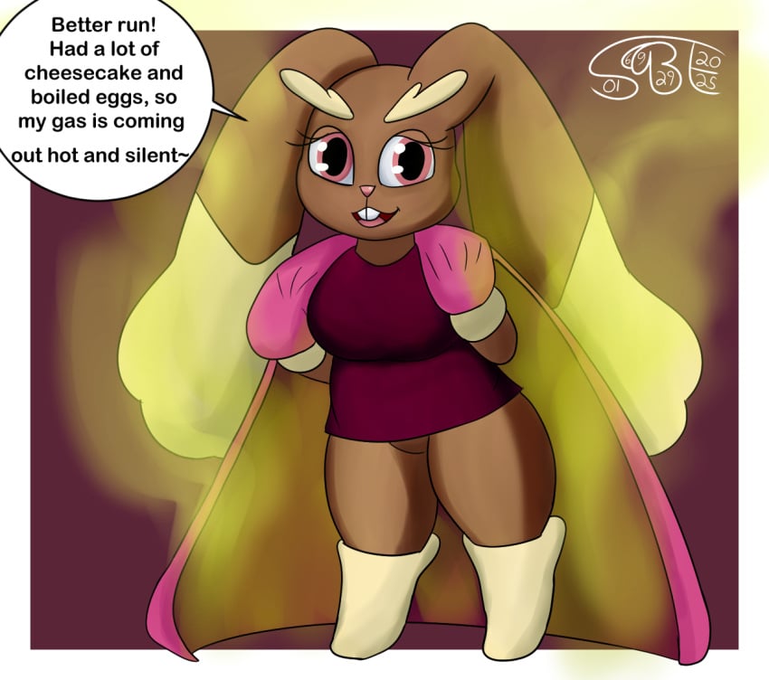 anthro bedding big_breasts blanket breasts dialogue dutch_oven english_text fart fart_fetish female gassybigears69 generation_4_pokemon lagomorph lopunny mammal nintendo pokemon pokemon_(species) ponnie_the_lopunny short_stack simple_background smelly solo stink_fumes text thick_thighs