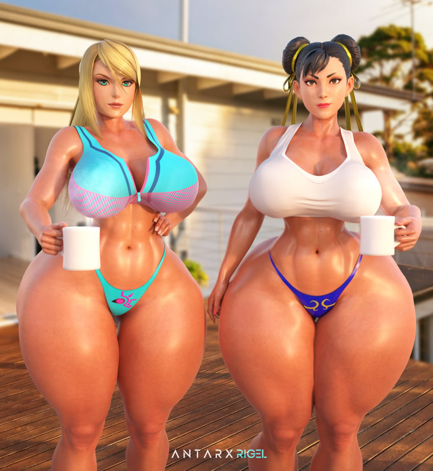 2girls 3d abs antarxrigel artist_signature asian asian_female big_breasts bikini blonde_hair blue_eyes brown_eyes capcom chun-li cleavage coffee_mug curvaceous curvy_female eyes female female_focus holding_object hourglass_figure large_breasts light-skinned_female light_skin long_hair metroid nintendo outdoors samus_aran standing street_fighter thick thick_thighs thong voluptuous voluptuous_female wide_hips