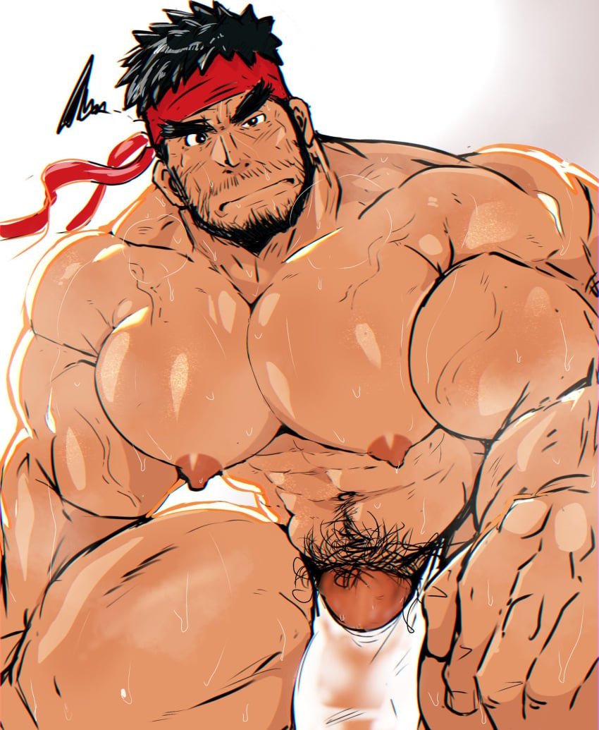 balls bara beard big_pecs blush bulge capcom facial_hair flaccid fundoshi fundoshi_only kaeru333938123 male male_only muscles muscular musk penis ryu_(street_fighter) solo solo_male street_fighter sweat sweating