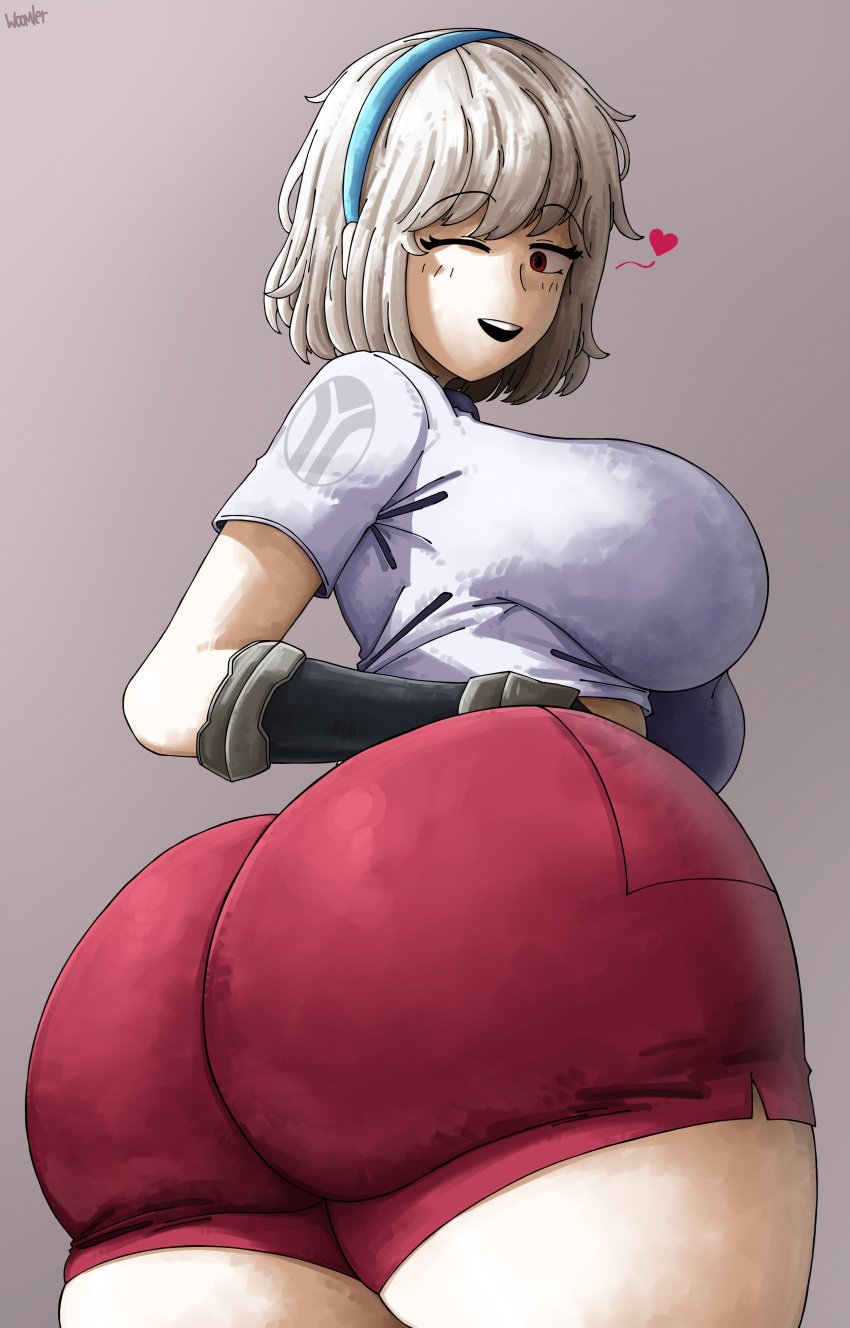 1girls ass ass_focus big_ass blush breasts bubble_butt clothing female fortnite hairband lexa_(fortnite) red_eyes short_hair shorts sideboob solo thick_thighs white_hair woomler