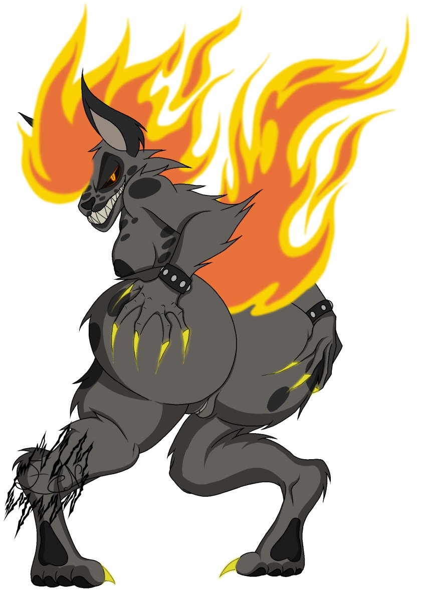 anthro anthro_only ass_focus ass_grab butt_focus butt_grab digitigrade digitigrade_legs ecn13000 fangs female female_focus female_only flames flaming_eyes flaming_hair flaming_tail furry furry_female furry_only glowing_eyes grabbing_ass grin grinning grinning_at_viewer hellhound hyena looking_at_viewer looking_back looking_back_at_viewer looking_over_shoulder oc original_character pointed_ears pointy_teeth smile smiling smiling_at_viewer spots spotted_body spotted_fur taunting