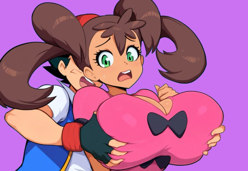 1boy 1girls ai_generated alternate_breast_size breast_grab cuckquean dark-skinned_female female grabbing green_eyes huge_breasts human male muscular_male netorare novelai ntr pokemon pokemon_(anime) pokemon_journeys pokemon_xy satoshi_(pokemon) shauna_(pokemon)