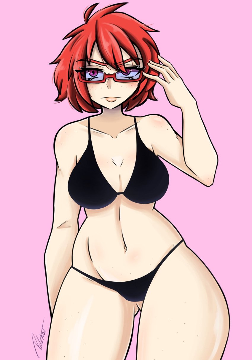 1girls aurora_romanof black_underwear blush el_diario_de_jonathan female freckles freckles_on_breasts freckles_on_face freckles_on_shoulders freckles_on_stomach freckles_on_thighs glasses petina petoart pink_eyes red_hair short_hair solo solo_female underwear