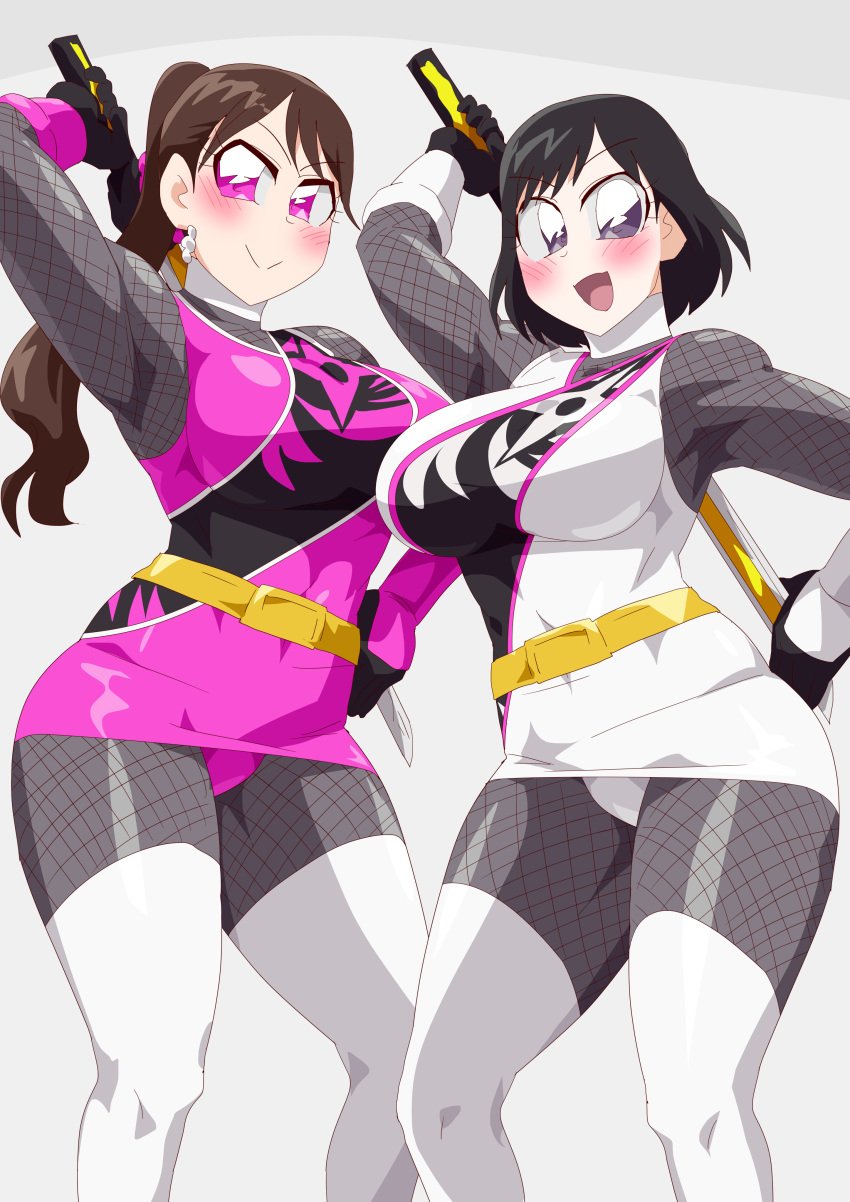 2girls alluring big_breasts black_hair bodysuit brown_hair igasaki_fuuka momochi_kasumi no_headwear otokam1117 pink_eyes purple_eyes shuriken_sentai_ninninger super_sentai