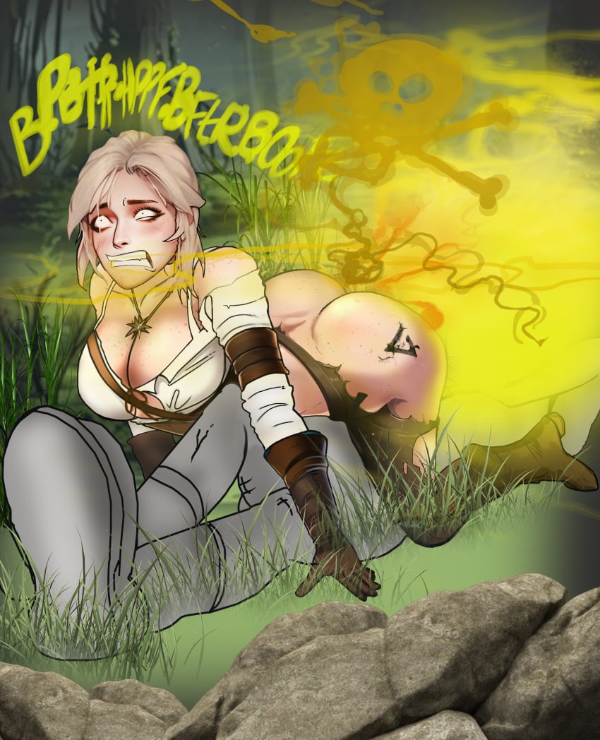 ass big_ass big_breasts breasts cd_projekt_red ciri clenched_teeth collar death eyepet2010 fart farting farting_in_face female freckles green_eyes light-skinned_female monster scar the_witcher_(series) the_witcher_3:_wild_hunt white_hair