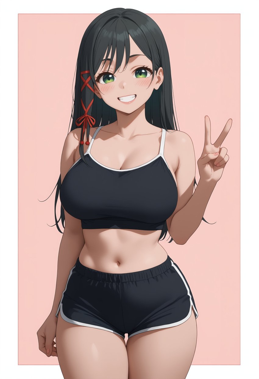 ai_generated amagami-san_chi_no_enmusubi amagami_yae bankai_arts big_ass big_breasts black_hair curvy green_eyes large_thighs long_hair sportswear thick thick_thighs