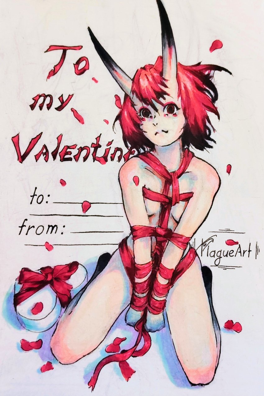 1girls cinnavar_(plagueart) demon gift horn horns looking_at_viewer oc original_character plagueart red_eyes red_hair ribbon ribbon_bondage shibari small_breasts solo tagme traditional_media_(artwork) valentine's_day