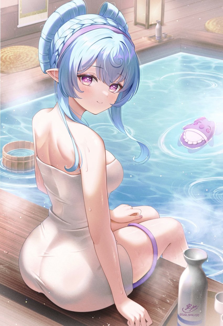 1girls ass bath blue_hair blush elf female genshin_impact looking_at_viewer pointy_ears purple_eyes smile solo tied_hair towel yumemizuki_mizuki