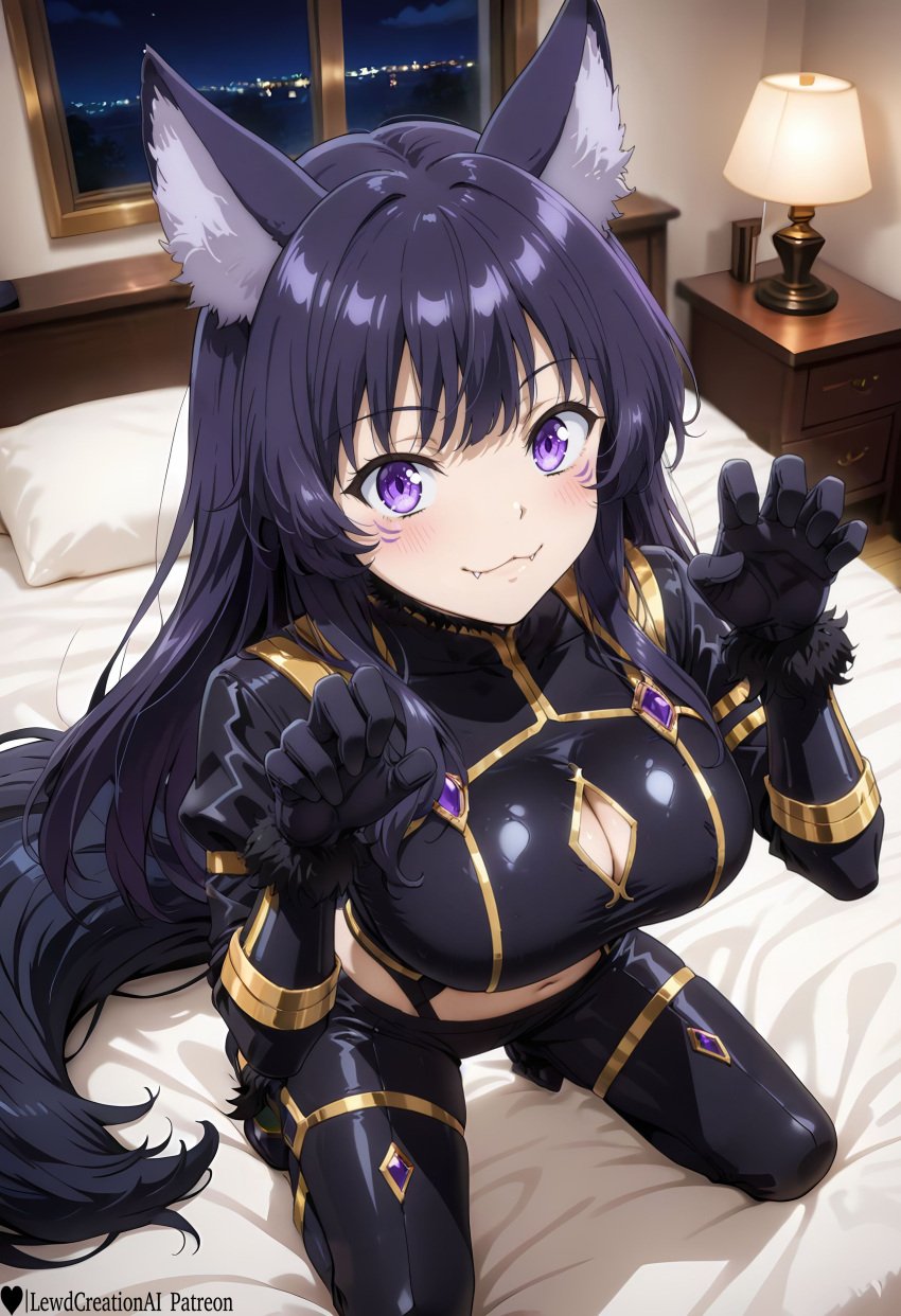 1girls absurd_res ai_generated big_breasts blush blush blush_lines bodysuit breasts curvy curvy_figure delta_(the_eminence_in_shadow) fangs female female high_resolution highres indoors kneeling lewdcreationsai light-skinned_female light_skin navel on_bed paw_pose purple_eyes purple_hair sexually_suggestive smile solo solo_female solo_focus stable_diffusion steam steaming_body steamy_breath sweat sweatdrop sweating sweaty tagme the_eminence_in_shadow thick thick_legs thick_thighs thighs wolf_ears wolf_girl wolf_tail