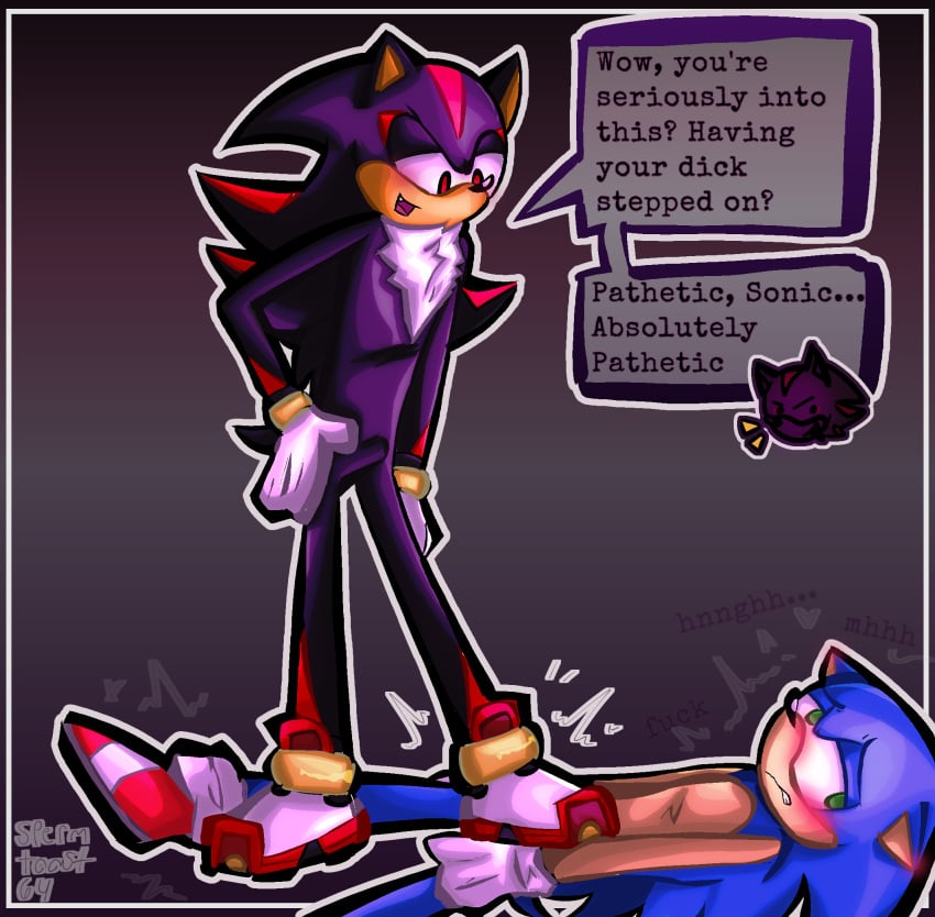 2boys anthro_on_anthro blush cock_and_ball_torture degradation embarrassed gay masochist no_visible_genitalia original_artwork sadism sega shadow_the_hedgehog simple_background sonadow sonic_(series) sonic_the_hedgehog sonic_the_hedgehog_(series) stepping_on_penis submissive_male teasing text_bubble