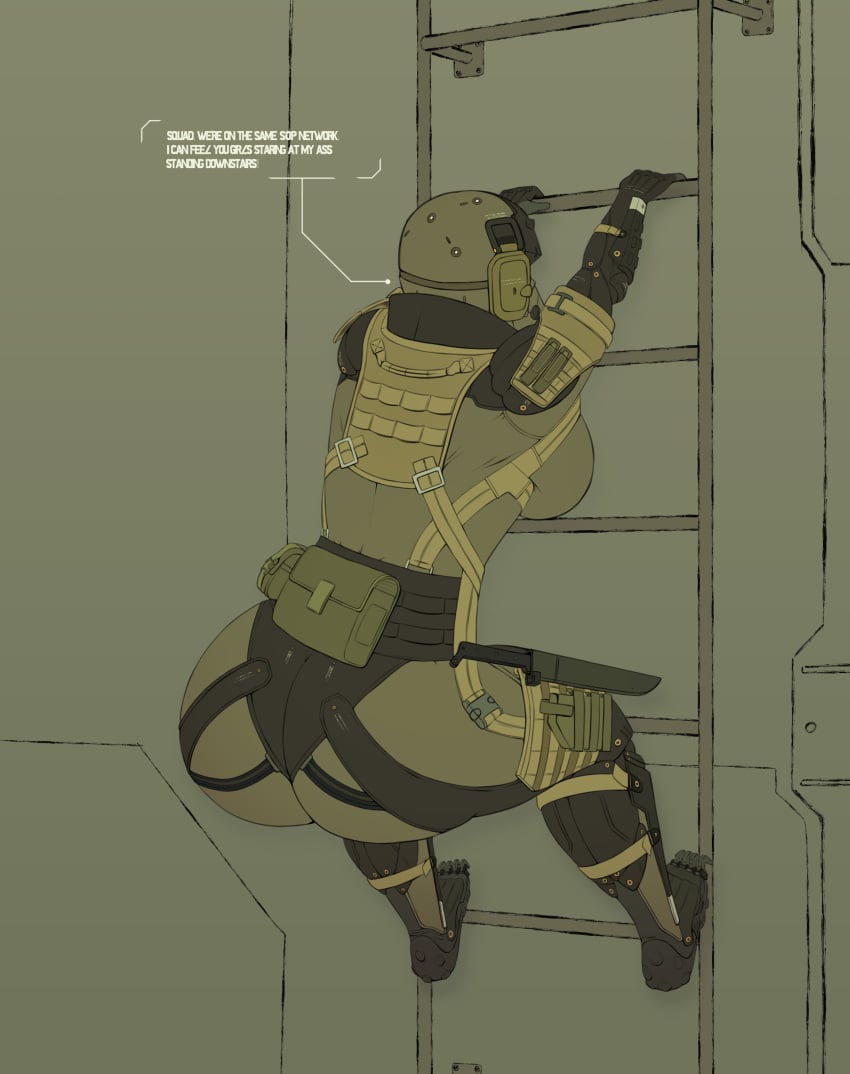 armored_female background child_bearing_hips color commission curvy diklonius english_text female fully_clothed garter_belt haven_trooper hi_res huge_breasts huge_butt metal_gear_solid metal_gear_solid_4 military_helmet military_uniform soldier straps text text_bubble thick_thighs voluptuous wide_hips