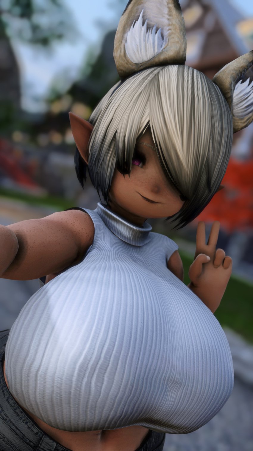 big_breasts blonde_hair breasts dark-skinned_female dark_skin female female_only final_fantasy_xiv freckles gpose(ffxiv) lalafell plump purple_eyes raraka_raka screenshot screenshot_edit self_upload selfie shortstack smiling_at_viewer solo_female sweater tagme tanuki winking_at_viewer