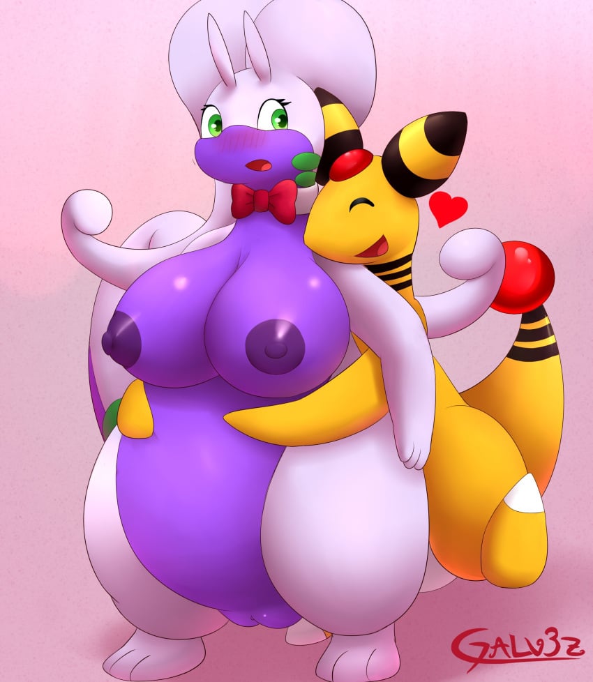 2021 ampharos bow_tie breasts busty_feral duo female female_feral feral galv3z_(artist) generation_2_pokemon generation_6_pokemon genitals goodra gradient_background heart_symbol hi_res hug hugging_another hugging_from_behind male male_feral nintendo pink_background pokemon pokemon_(species) purple_body pussy signature simple_background yellow_body