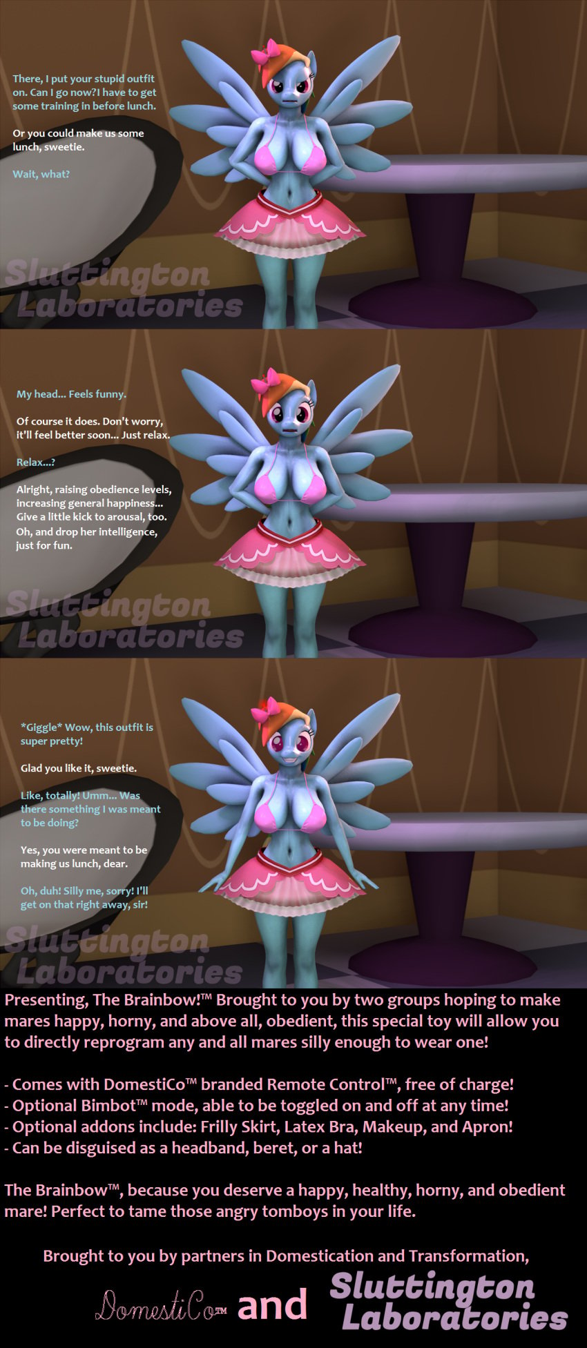 2017 3_panel_comic 3d_(artwork) absurd_res advertisement alternate_costume annoyed anthro anthrofied artist_name big_breasts bimbofication bottomwear bow_ribbon bra breasts cleavage clothed clothing comic dialogue digital_media_(artwork) doctorsluttington english_text equid equine female friendship_is_magic furniture hair happy_trance hasbro hi_res hypnosis inside intelligence_loss mammal mind_control multicolored_hair my_little_pony mythological_creature mythological_equine mythology navel pegasus personality_change pink_bottomwear pink_bra pink_clothing pink_skirt pink_underwear rainbow_dash_(mlp) rainbow_hair skirt smile solo standing stepfordization submissive submissive_female table tech_control text underwear wings