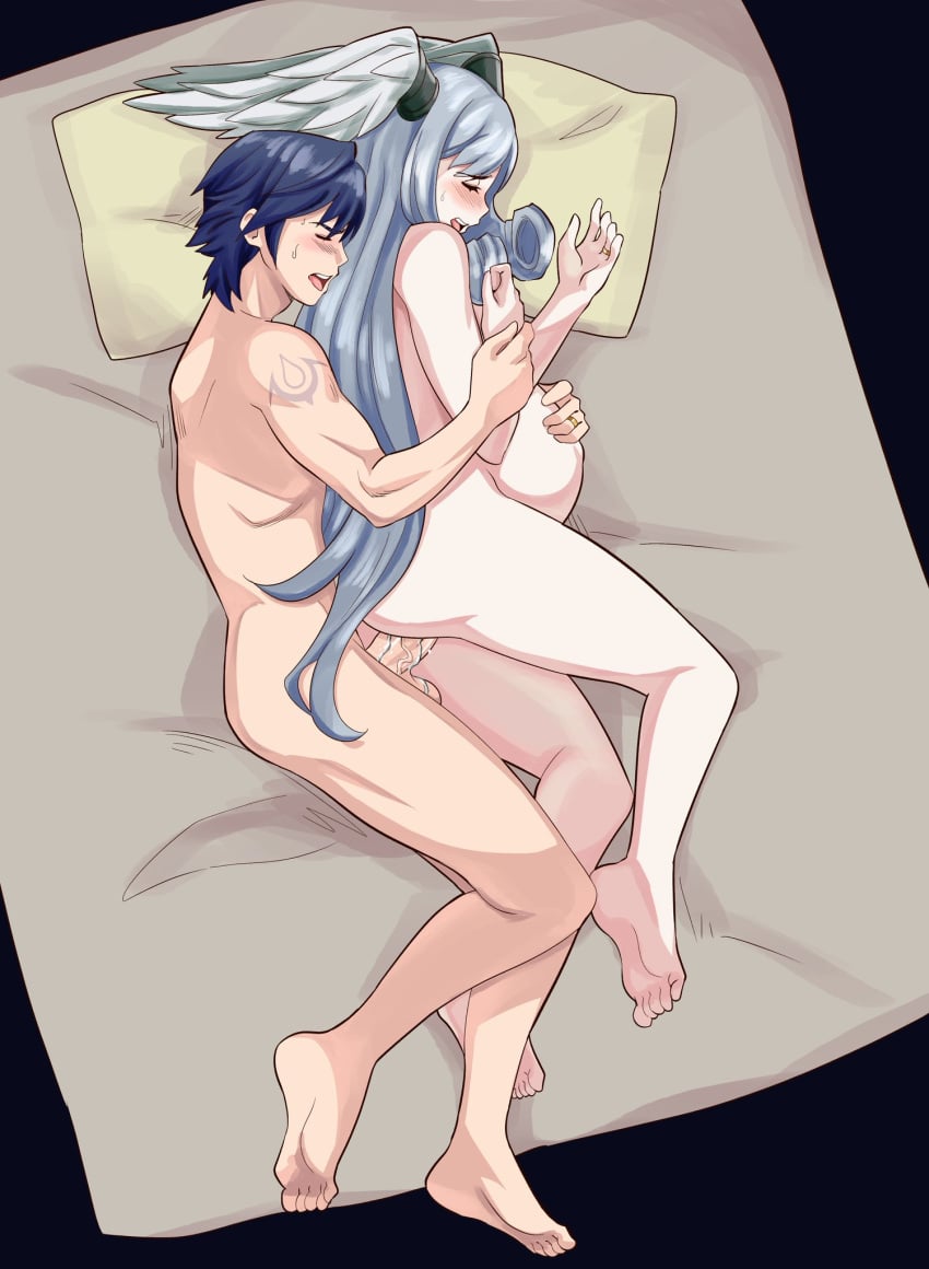 1boy 1girls blue_hair chrom_(fire_emblem) closed_eyes commissioner_upload curly_hair decox fire_emblem fire_emblem_awakening long_hair married_couple melia_antiqua naked_female open_mouth pregnant pregnant_sex rs40uchiha sidefuck silver_hair spooning wedding_ring wings_on_head xenoblade_(series) xenoblade_chronicles_3