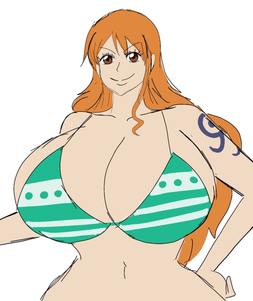 big_breasts bikini bikini_top breasts breasts_bigger_than_head brown_eyes female female female_focus female_only green_bikini hand_on_hip hourglass_figure large_breasts long_hair looking_at_viewer momiji_(artist) nami nami_(one_piece) navel one_piece orange_hair smiling_at_viewer tattoo tattoo_on_shoulder white_background