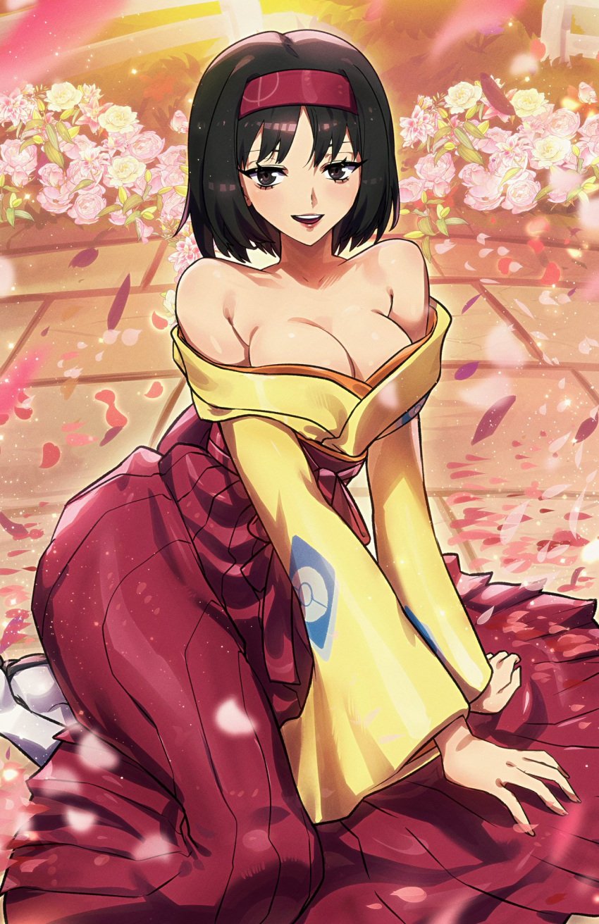 1girls big_breasts black_hair bob_cut breasts cleavage erika_(pokemon) exposed_shoulders female female_only flowers gym_leader hairband human kimono looking_at_viewer off_shoulder petals pokemon pokemon_frlg ryairyai seductive seductive_look short_hair sitting smile solo