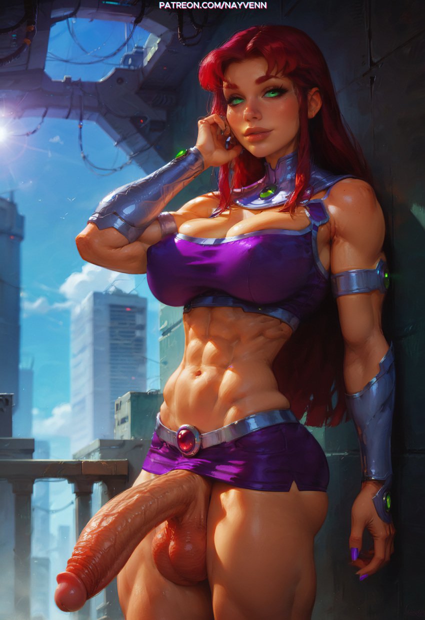 abs ai_generated big_breasts big_penis cleavage cleavage_cutout dc_comics dickgirl dickgirl_only futa_focus futa_only futanari green_eyes huge_cock nayvenn orange_skin purple_clothing red_hair seductive_look seductive_smile self_upload smile stable_diffusion starfire teen_titans vambraces