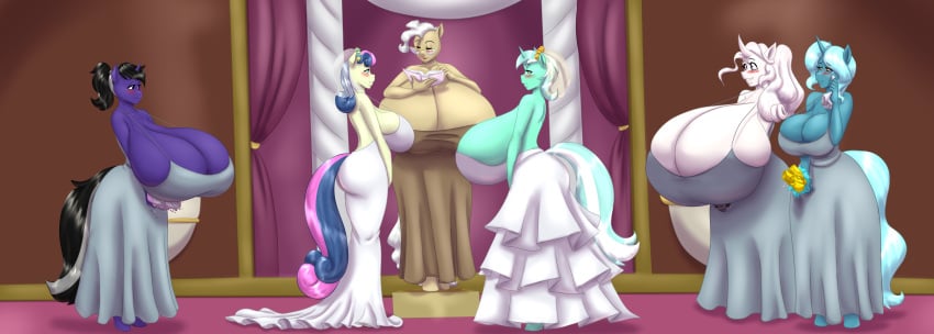 absurd_res anthro anthrofied big_breasts blues64 bonbon_(mlp) breast_size_difference breasts cleavage clothed clothing dress equid equine fan_character female friendship_is_magic group hasbro hi_res horn huge_breasts hyper hyper_breasts jewel_clock_(cp444) lyra_heartstrings_(mlp) mammal marauder6272 mature_female mayor_mare_(mlp) my_little_pony mythological_creature mythological_equine mythology onyx_stone_(oc) sweet_melody_(judoon) unicorn wedding wedding_dress