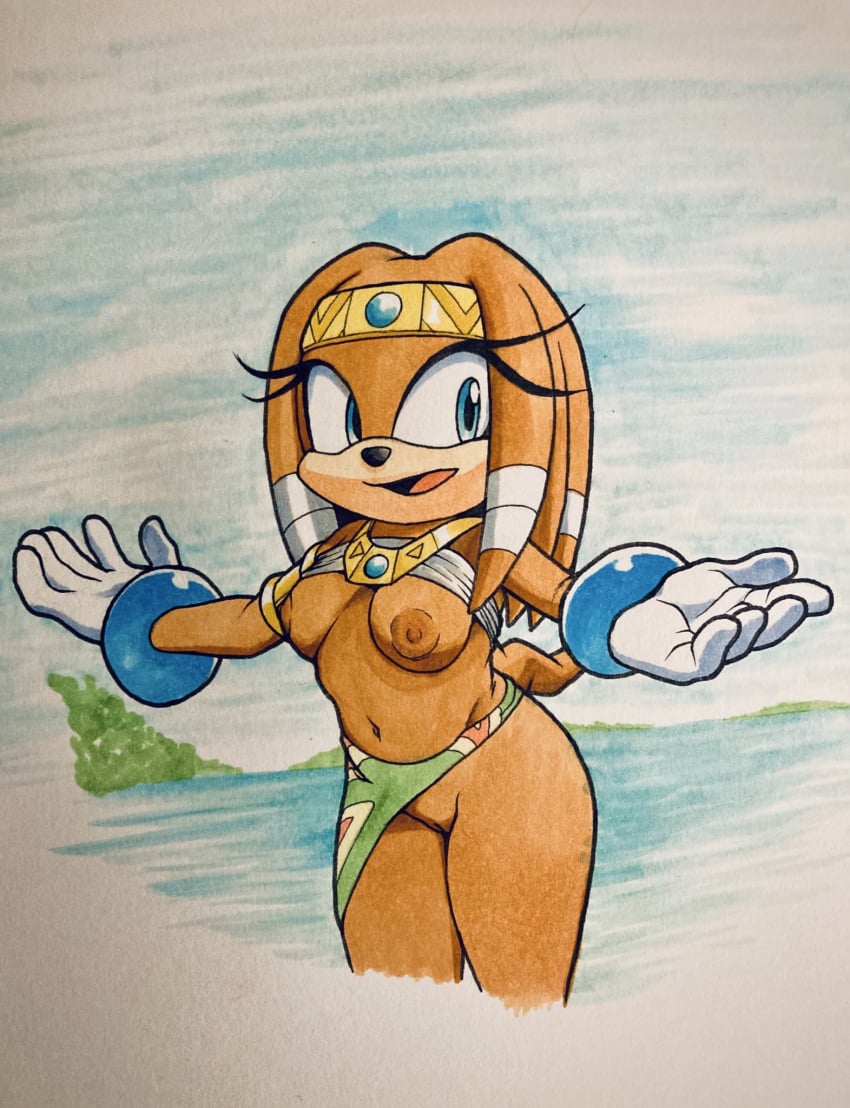 2022 5_fingers anthro arts_eidolon blue_eyes breasts clothing colored_pencil_(artwork) echidna eyelashes female fingers fur genitals gloves handwear hi_res mammal monotreme mostly_nude nipples orange_body orange_fur pussy seaside sega solo sonic_(series) sonic_adventure sonic_the_hedgehog_(series) tikal_the_echidna traditional_media_(artwork)