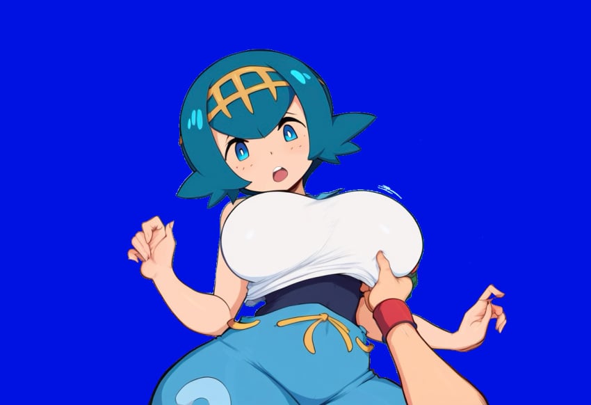 1boy 1girls ai_generated alternate_breast_size breast_grab breasts curvy_figure female from_below huge_breasts human lana_(pokemon) low-angle_view novelai paulinebabe pokemon pokemon_(anime) pokemon_journeys pokemon_sm pov satoshi_(pokemon) trial_captain